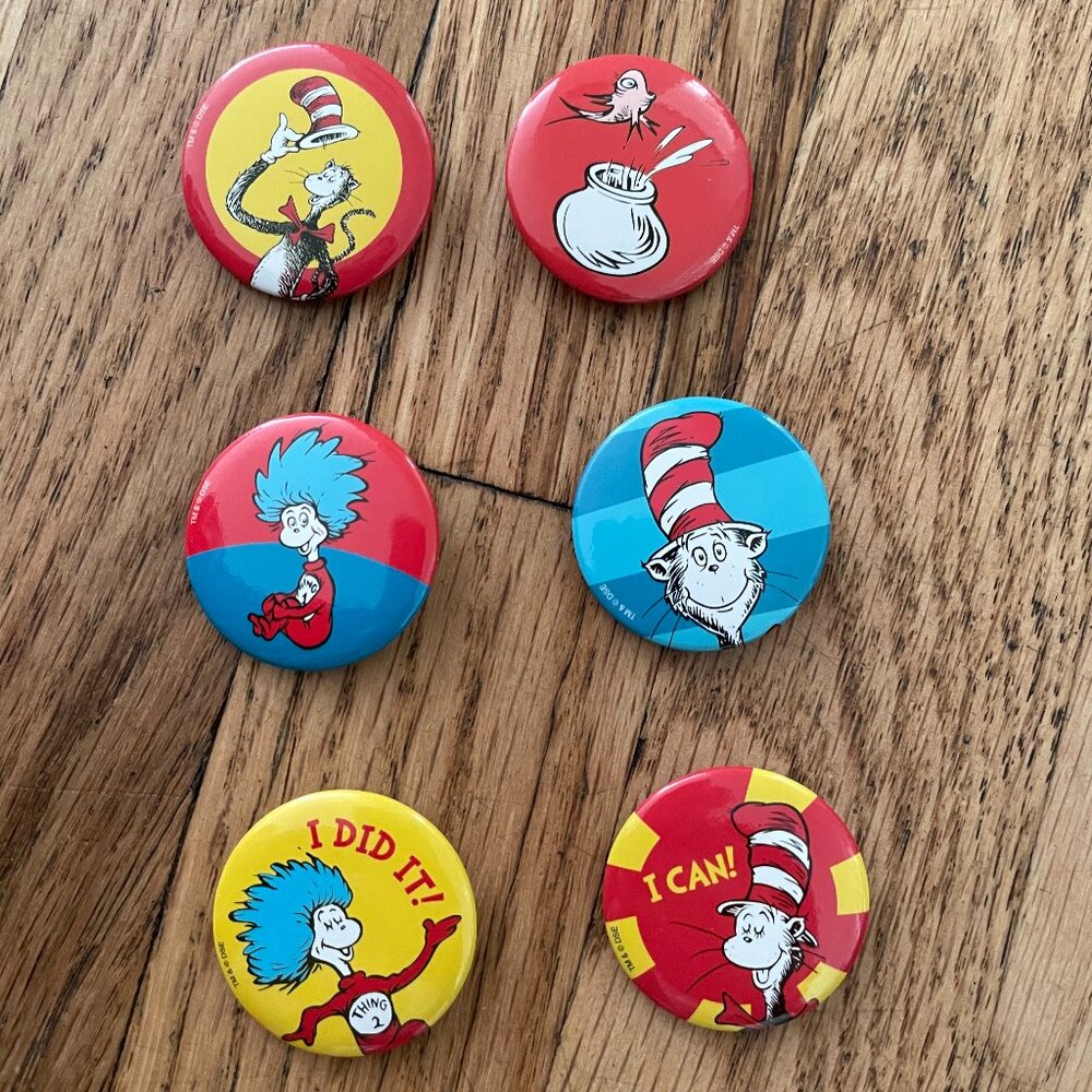 Lot Of 6 Dr Seuss Pins/Buttons Cat In The Hat